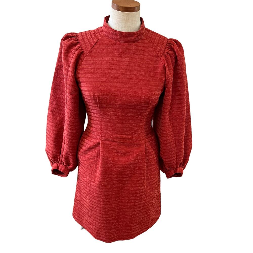MOUSSY Vintage high neck puff sleeve dress burnt orange